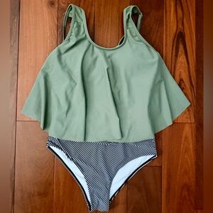 Green and Blue/White Striped Swimsuit
